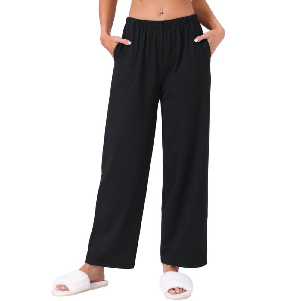 Women's Knit Wide Leg Elastic Waist Lounge Pajama Pants Black